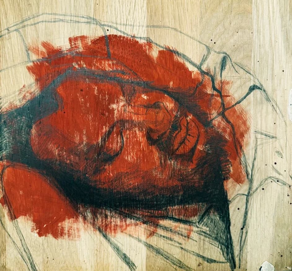 Head in Red on Wood