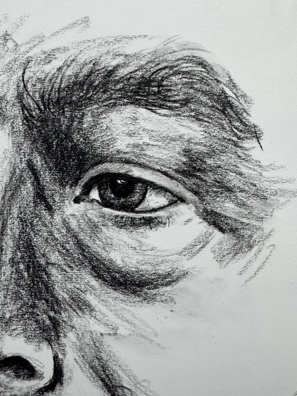 A close-up drawing of an eye and part of a face.