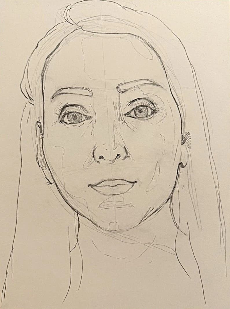 A frontal portrait drawn with fine contour lines on paper.